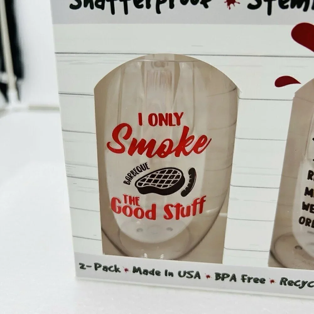 WINE-OH Shatterproof Stemless Wine Glasses BBQ Grill Set 2 NIB 16oz Novelty